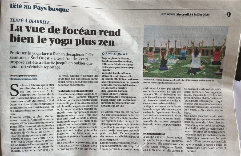 article de journal à propos de cours de yoga à biarritz